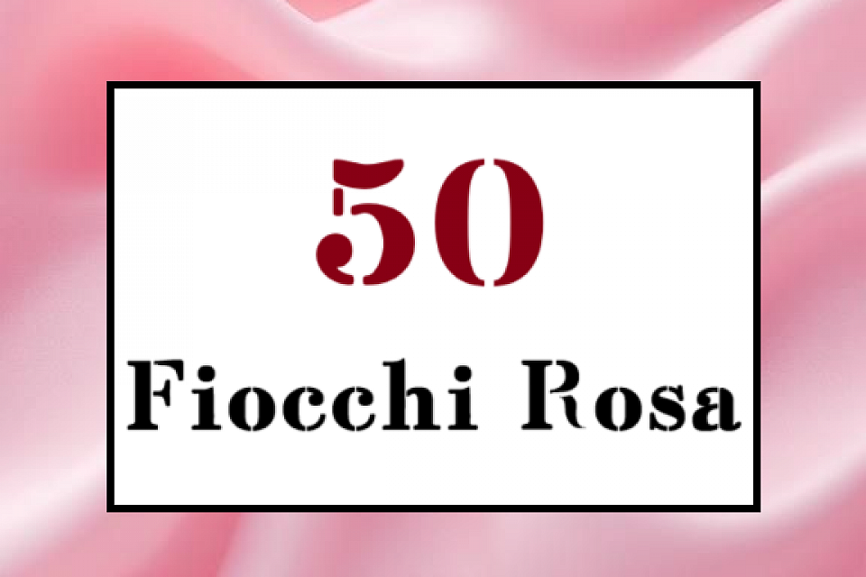 Scritta 50 fiocchi rosa con carattere veneziano